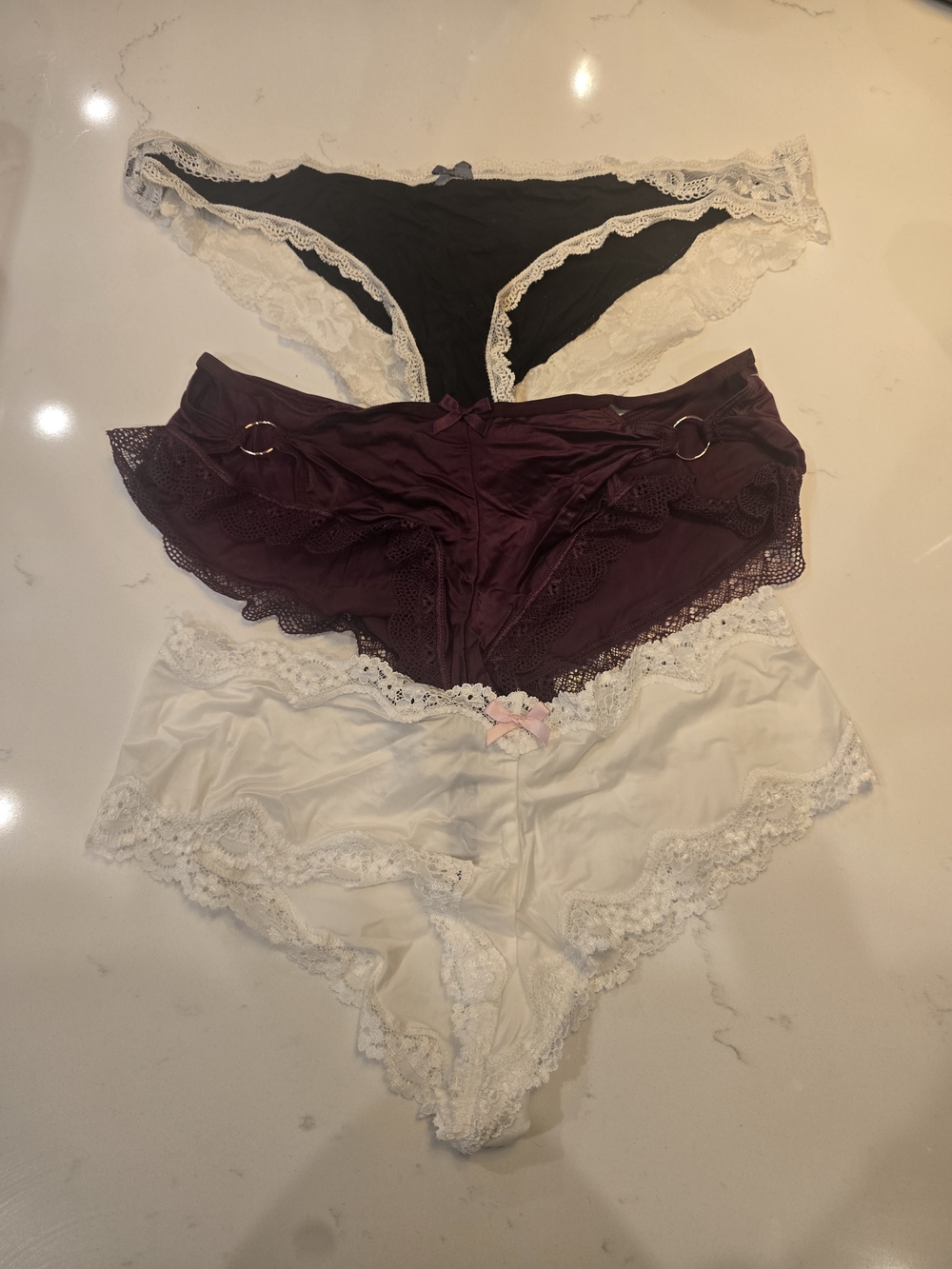 Victoria's Secret Lace Trim Bikini & Boyshort Set - Black, Plum & White